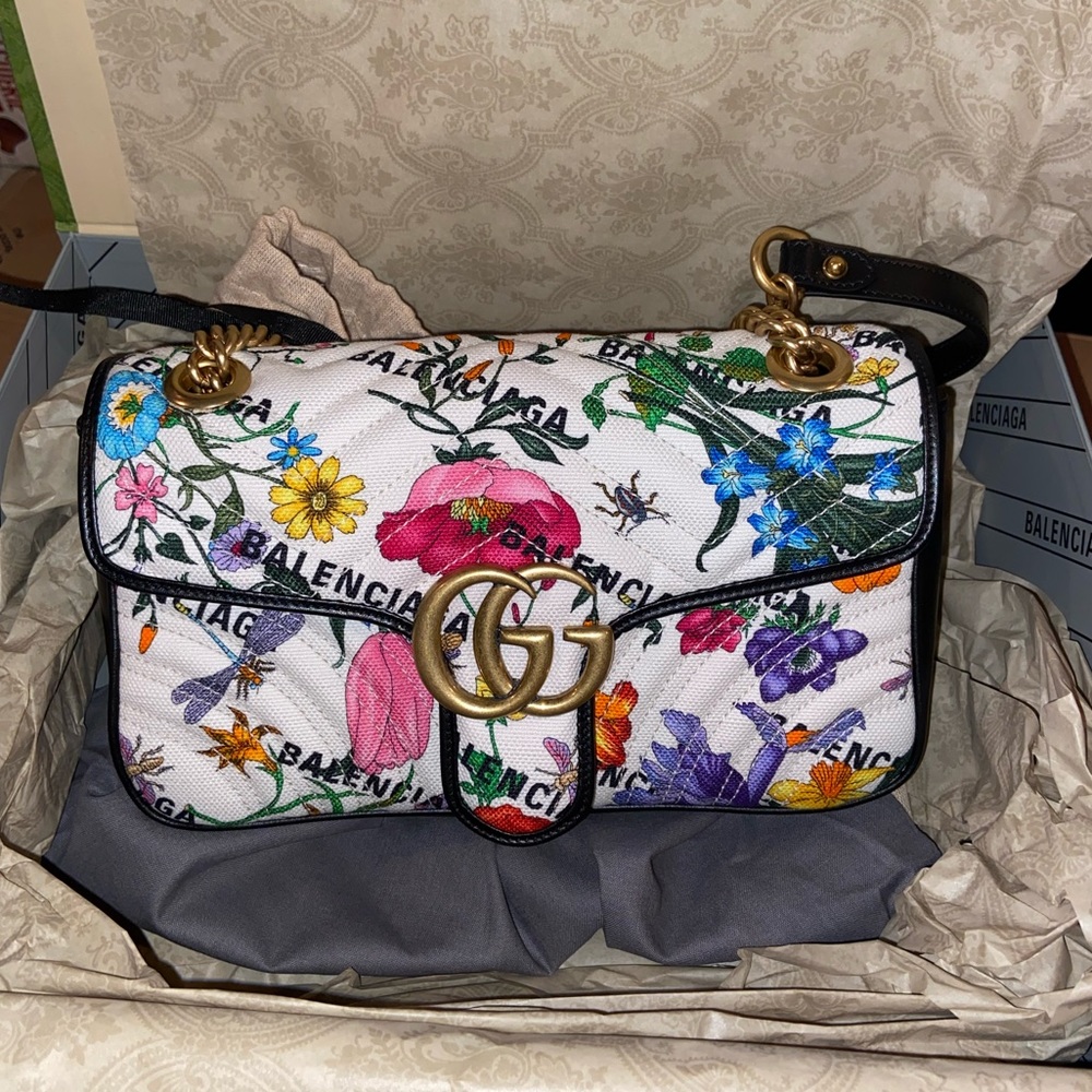 Gucci X Balenciaga The Hacker Project Aria 100 GG White Floral Small Marmont Bag